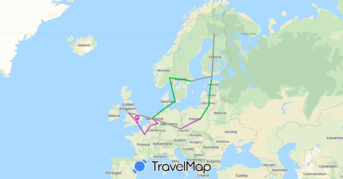TravelMap itinerary: driving, bus, plane, train, boat in Belgium, Czech Republic, Germany, Denmark, Estonia, Finland, France, United Kingdom, Lithuania, Latvia, Norway, Poland, Sweden (Europe)